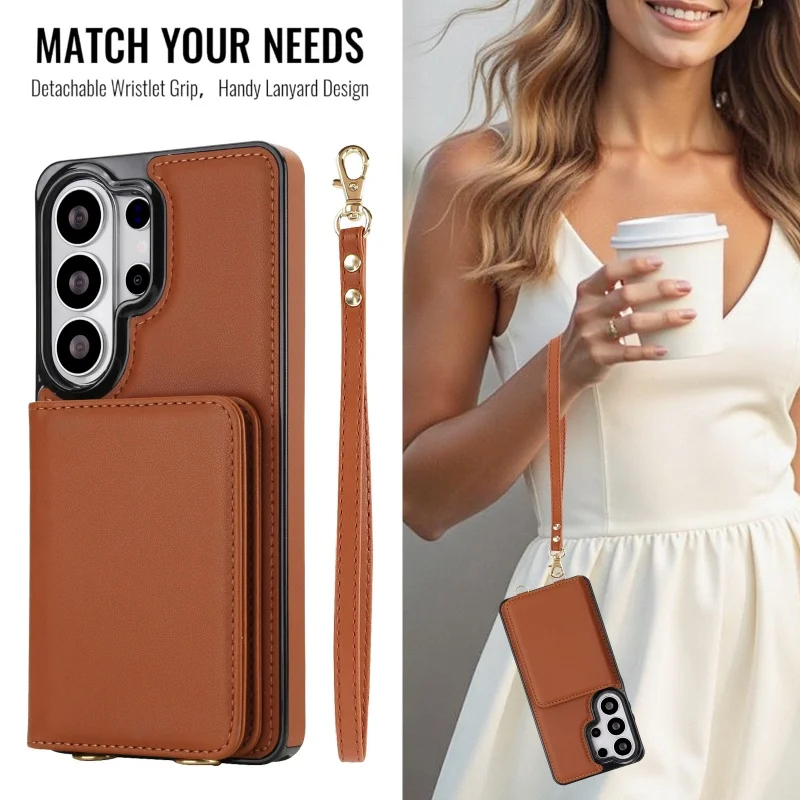 Flip Leather Wallet Case for Samsung Galaxy S26 S25 Edge S24 S23 S22 Ultra Plus FE Crossbody Wrist Strap Card Slot Stand Cover
