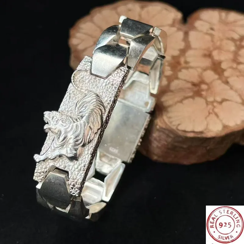 

925 Antique Tibetan Silver Tiger Bracelet, Simple Design, Unisex Jewelry Accessories for Gift