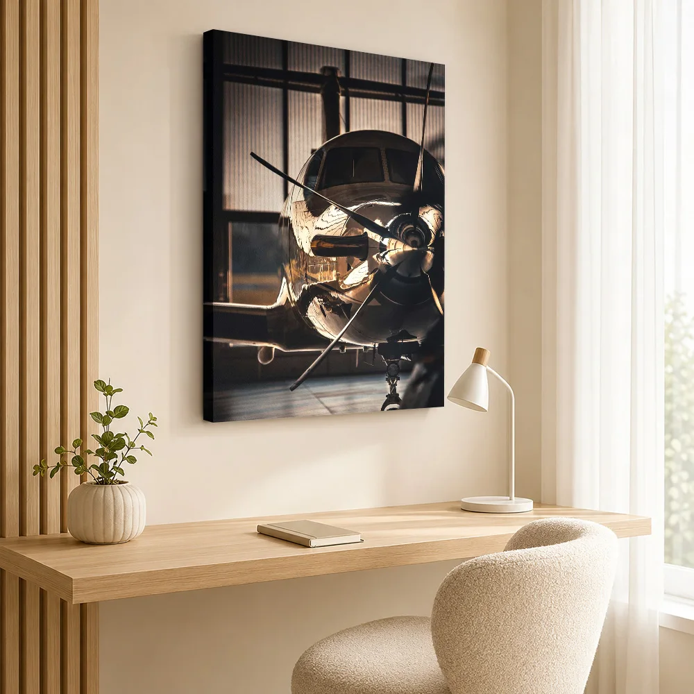 Aircraft Hangar Sunset Detail Canvas Print With Wooden Frame Personalized Photo, Natural Industrial Light Wall Art For Study