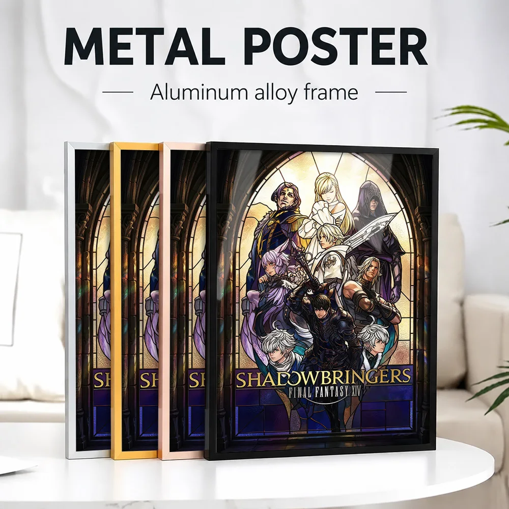 Final Fantasy XIV Shadowbringers Stained Glass Framed Metal Print Personalized Photo Dark Medieval Style Wall Art For Library