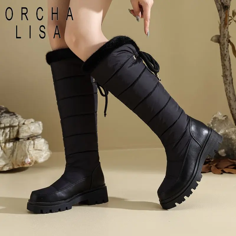 

ORCHA LISA Fashion Knee High Boots Round Toe 5cm Block Heel Lace Up Daily Warm Plush Winter Snow Booties Large Size 42 43 Autumn