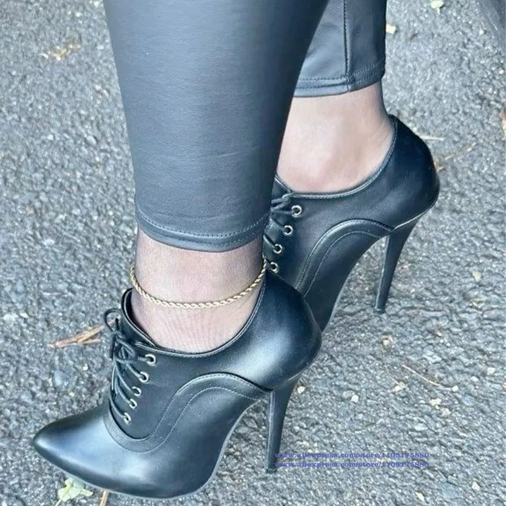 Pointed Toe Lace-Up Stiletto Heel Pumps Black Matte Leather High Heels Designer Dress Party Shoes Sandalias De Mujer Verano 3