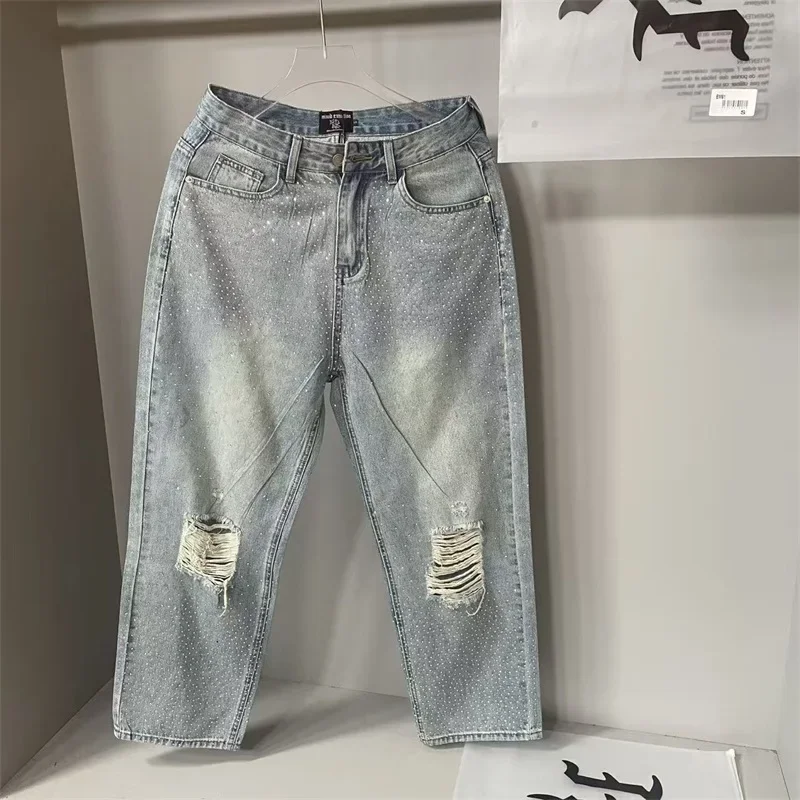 

СМЕШАННАЯ ЭМОЦИЯ Синие потертые джинсы Мужчины Женщины Американская уличная одежда Горячие дрели Смешанные эмоции Винтажные джинсовые брюки