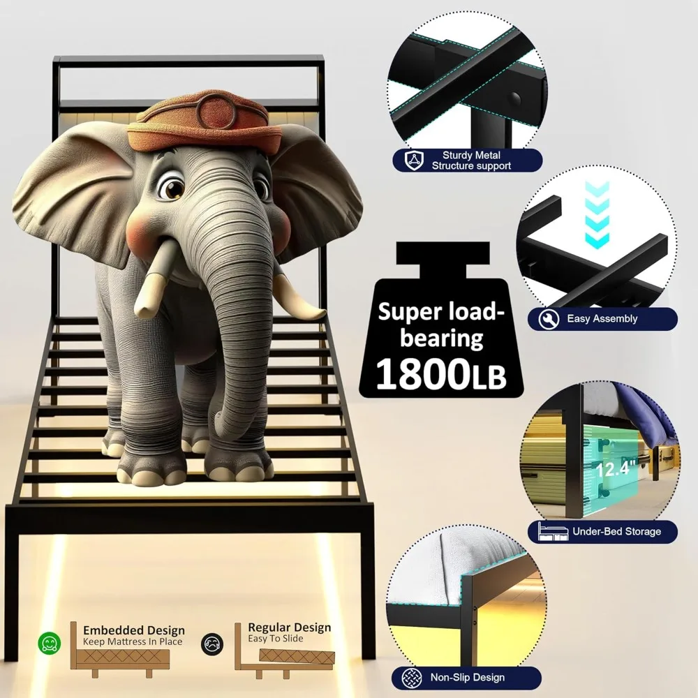 إطار سرير معدني مزدوج الحجم مع لوح رأسي، وإضاءة LED ومحطة شحن، لا يتطلب صندوق زنبركي، وتجميع هادئ وبسيط