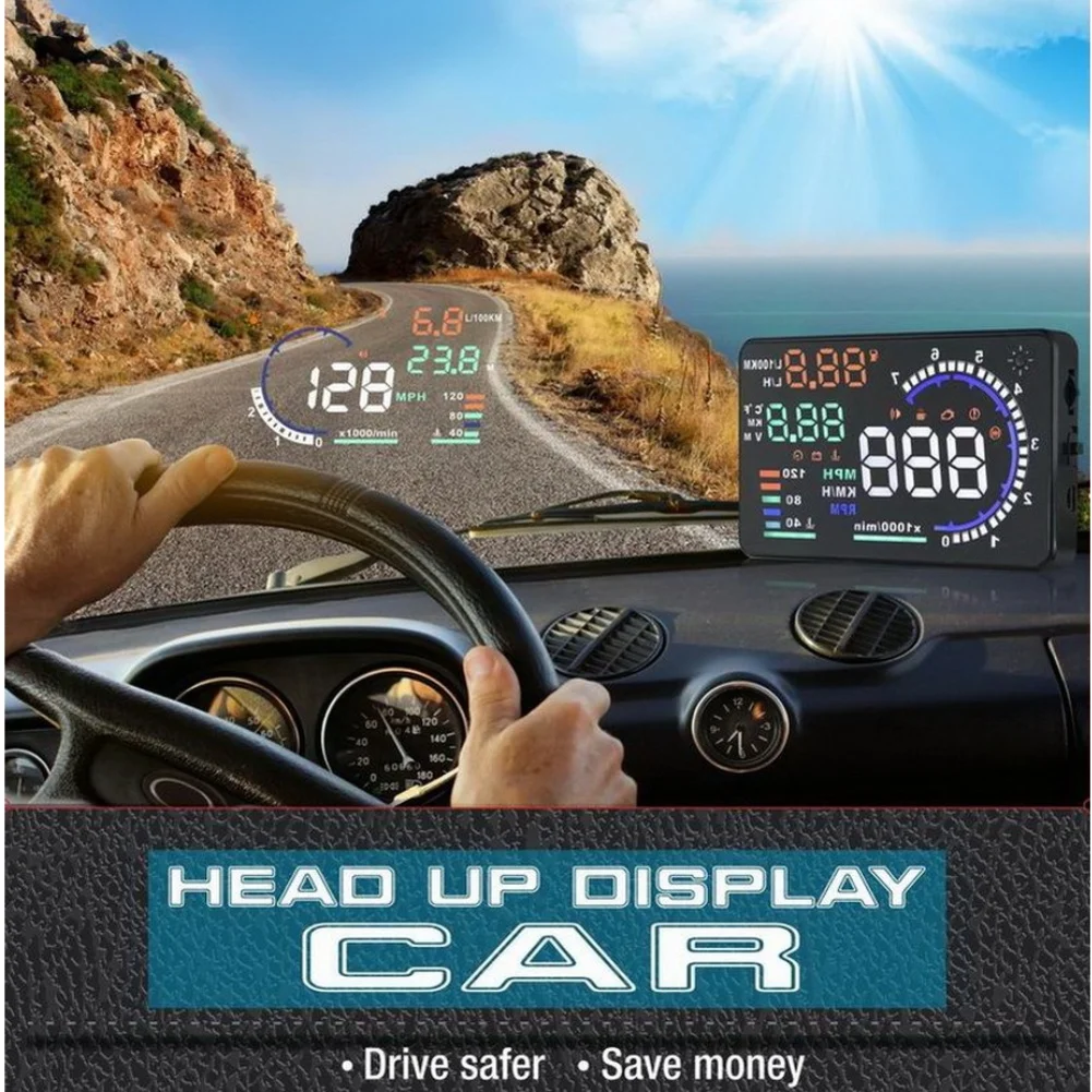Affichage tête haute pour voiture avec projection de données OBD2 (vitesse, régime moteur, température moteur, tension, consommation de carburant) et capteur de lumière pour la compatibilité