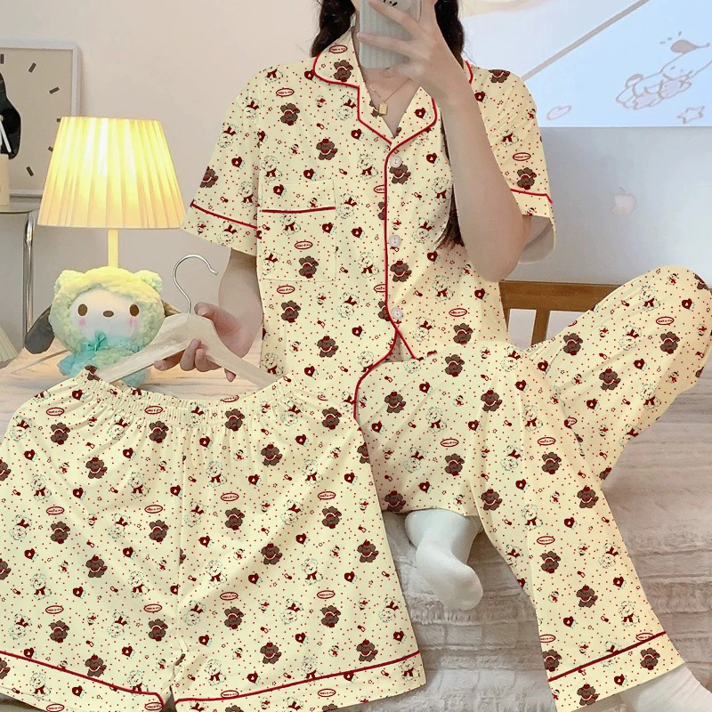 

Cute Dot Dog Print Sweet 3 PC Set Women's Pajamas Y2K French Aesthetics Kawaii Pajamas for Women Lapel Neck New Summer Home Wear