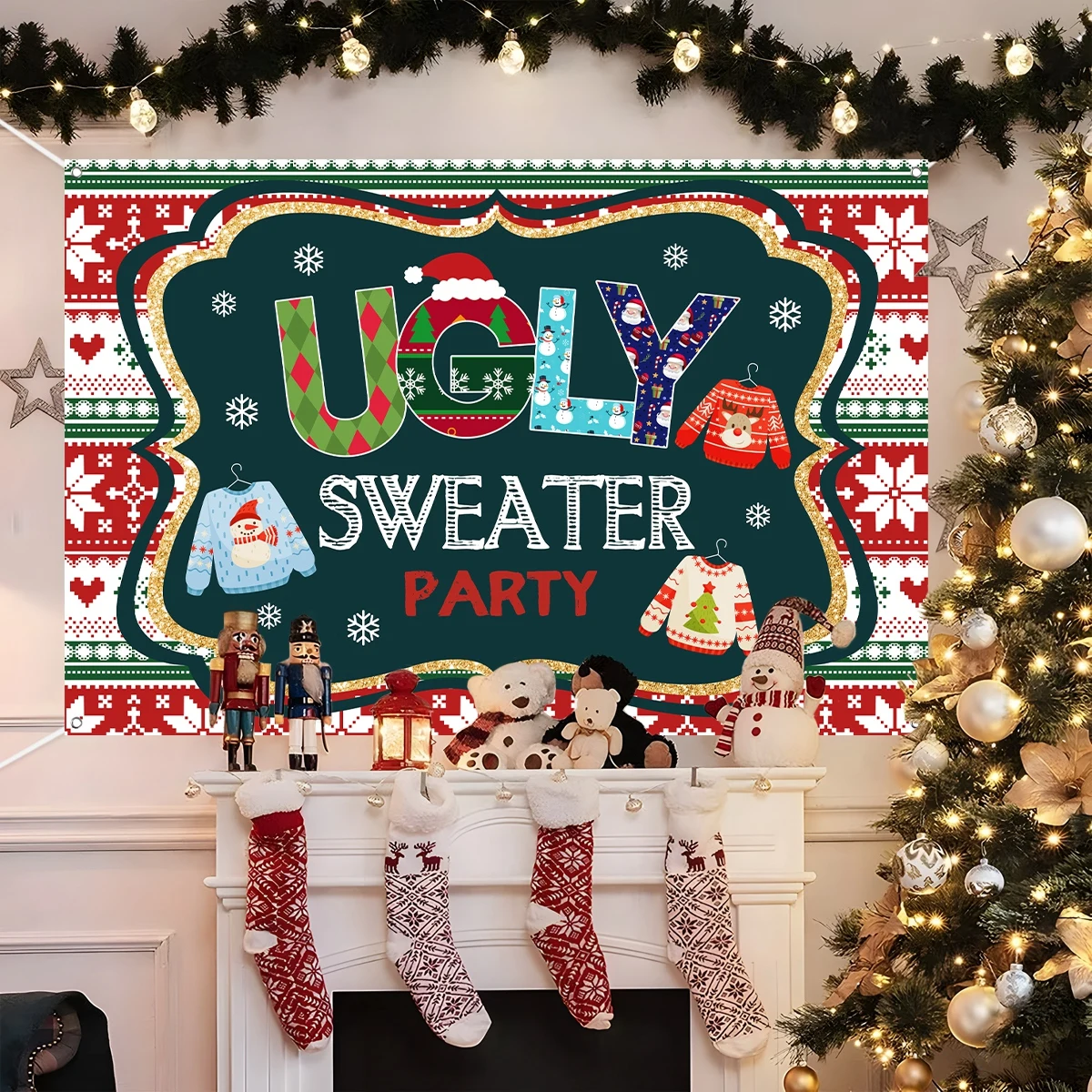 Christmas Backdrop Ugly Sweater Party Supplies Snowman Santa Claus Background Xams Decoration for Home 2024 New Year 2025 Gift