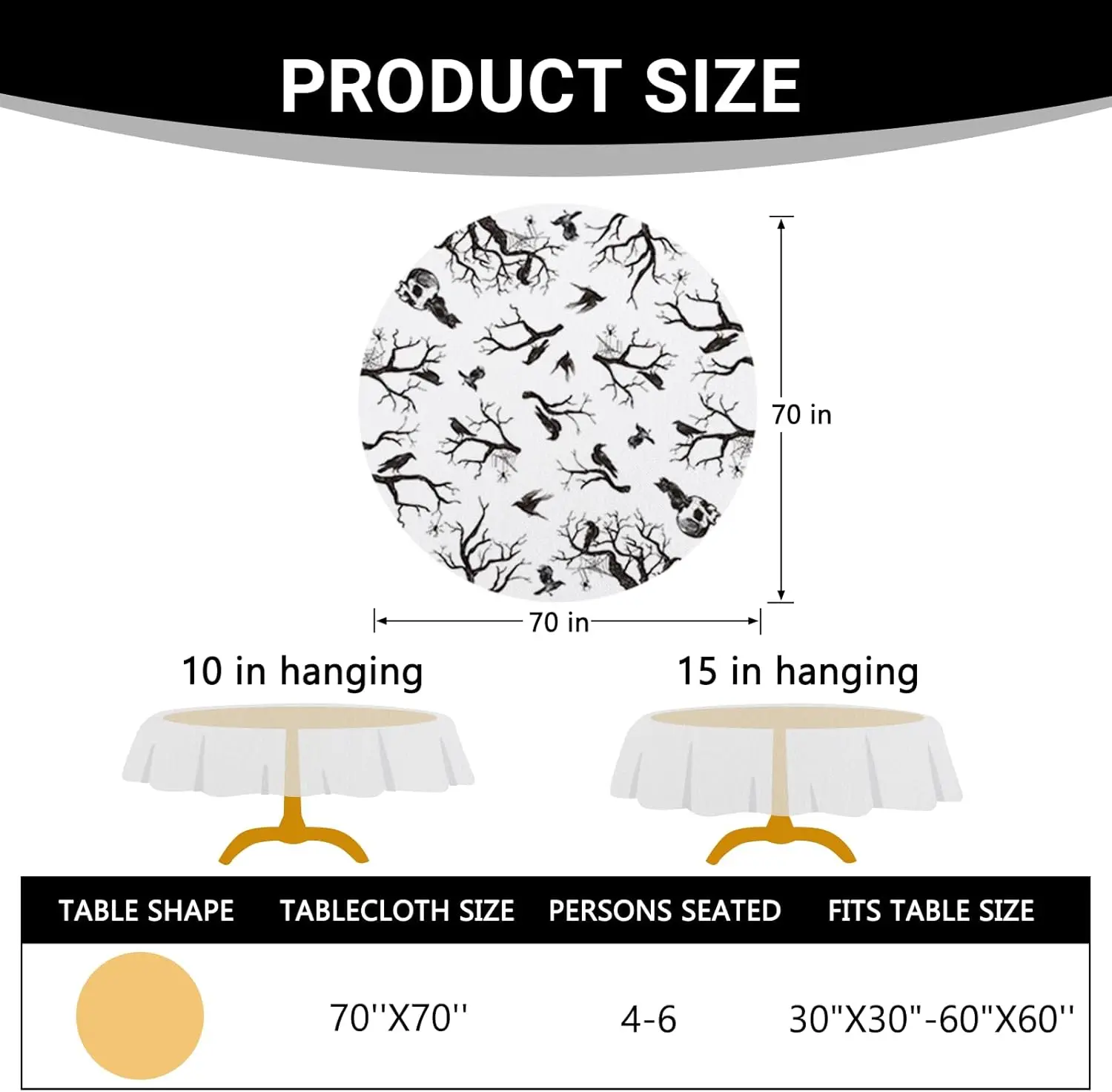 Halloween Crow Branches Round Tablecloth Scary Gothic Skull Skeleton Black Cat Decorative Dining Table Cloth