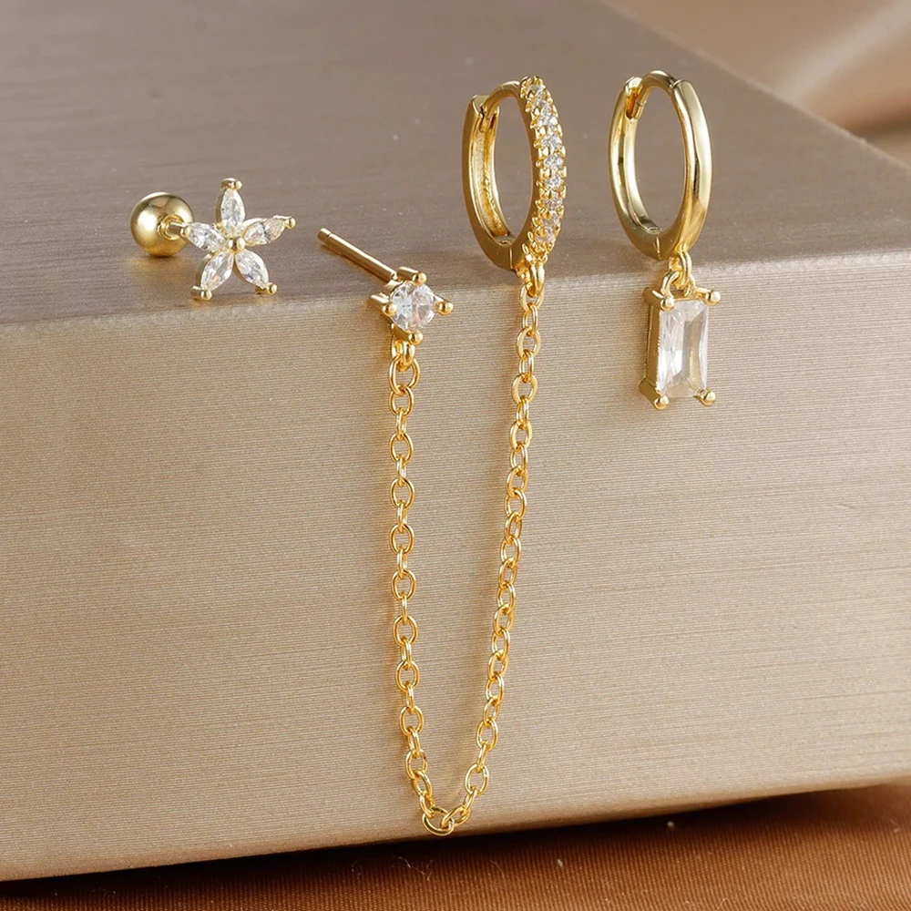 3PCS Gold Plated Lightning Flower Chain Drop Earrings Set for Woman Stainless Steel Zircon Dangle Earring Piercing Jewelry