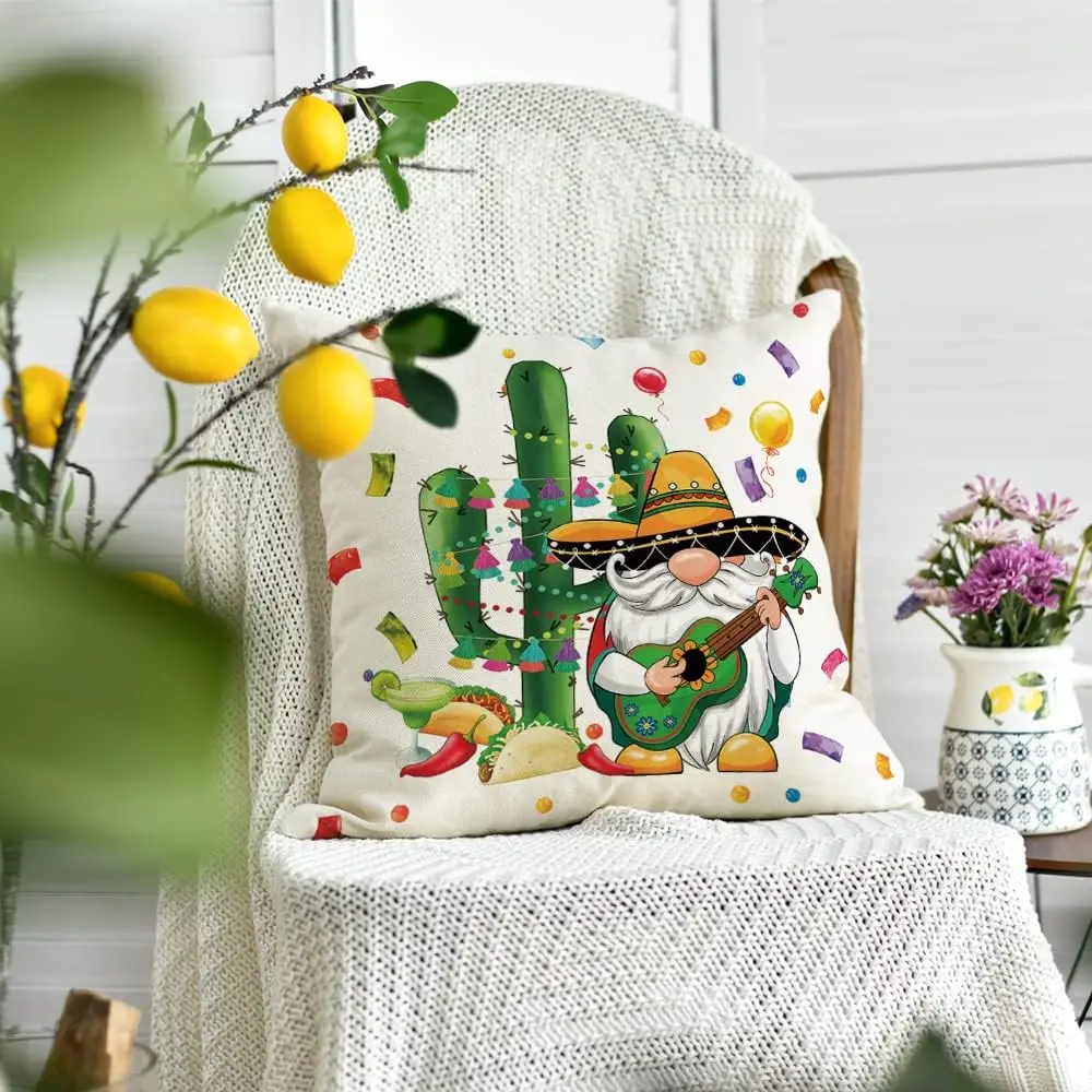 Highly Festive 4 Piece Cinco de Mayo Throw Pillow Covers Mexican Fiesta Decor Polyester Accent Pillows for Living Room Home Deco