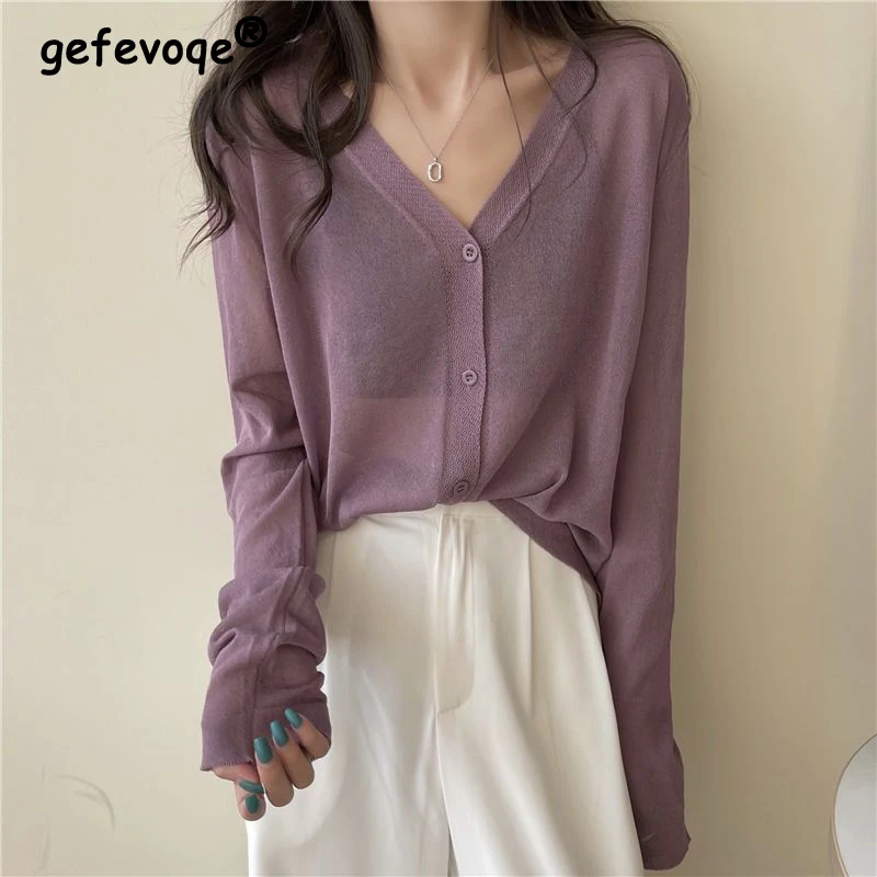 

Womens Clothing Summer Korean Simple Style Comfortable Ice Silk Thin Knitwears Solid V Neck Long Sleeve Slim Fit Button Cardigan