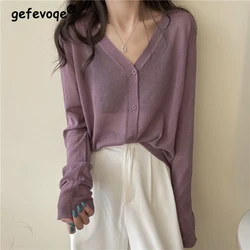 Womens Clothing Summer Korean Simple Style Comfortable Ice Silk Thin Knitwears Solid V Neck Long Sleeve Slim Fit Button Cardigan