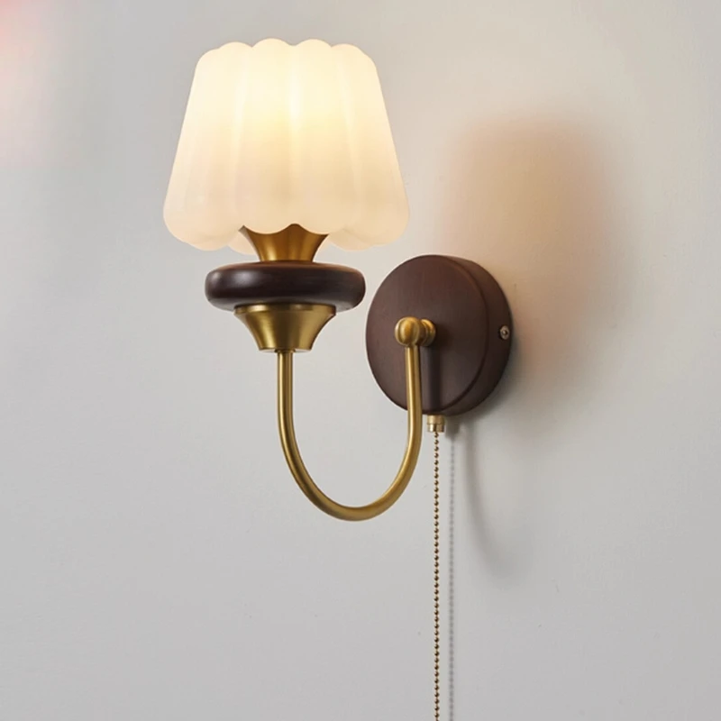 Full Copper with Cable Switch Walnut Wooden Retro Wall Lamps Living Room Background Wall Bedroom Bedside French Style Wall Light