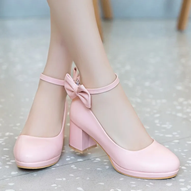 Children Girls High Heel Shoes Women Platform Pumps Fashion Bow Thick Heel Shallow Female High Heels For Party Wedding 30-43