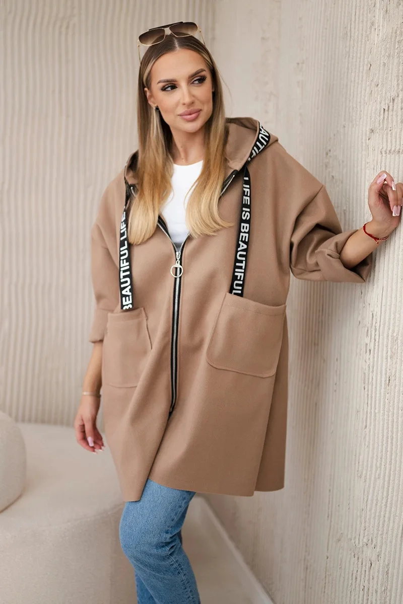 

Women's Outerwears Solid Color Versatile Comfortable Loose Street Style Autumn Winter Clothes Long Sleeves Hooded Zipper Coat