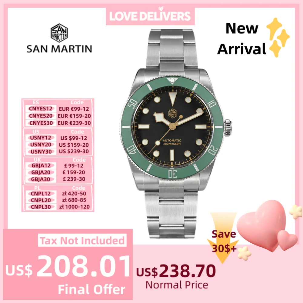 

San Martin 37mm BB54 Men Diving Watch NH35 Matte Ceramic Bezel Wristwatch Classic BGW-X1 Sapphire 20Bar Reloj Hombre SN0138GW