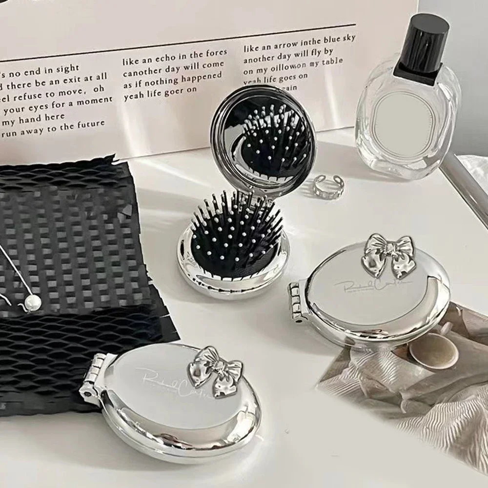 Tragbare Mini Silber Taschenspiegel Klappkamm Mädchen Frauen Runde Kleine Reise Massage Haarbürste mit Spiegel Styling Zubehör
