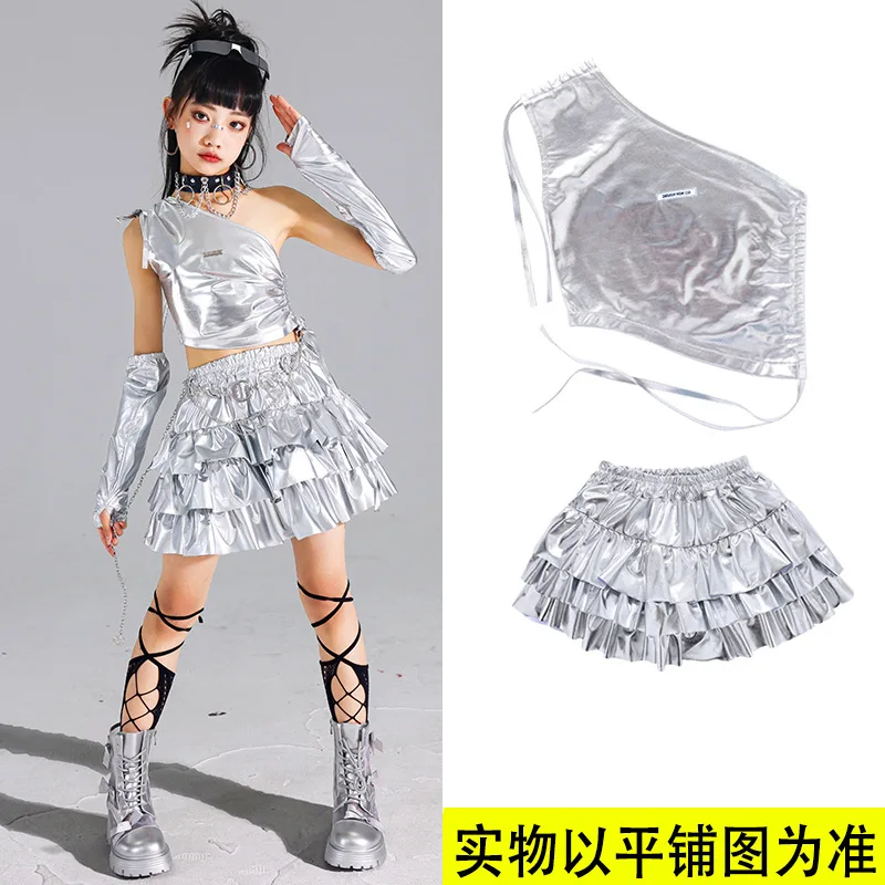 

Jazz Kpop Dance Costume Girls Silver Crop Top Pleated Skirt Set Fashion Runways Show Outfit Kids Street Cool Streetwear
