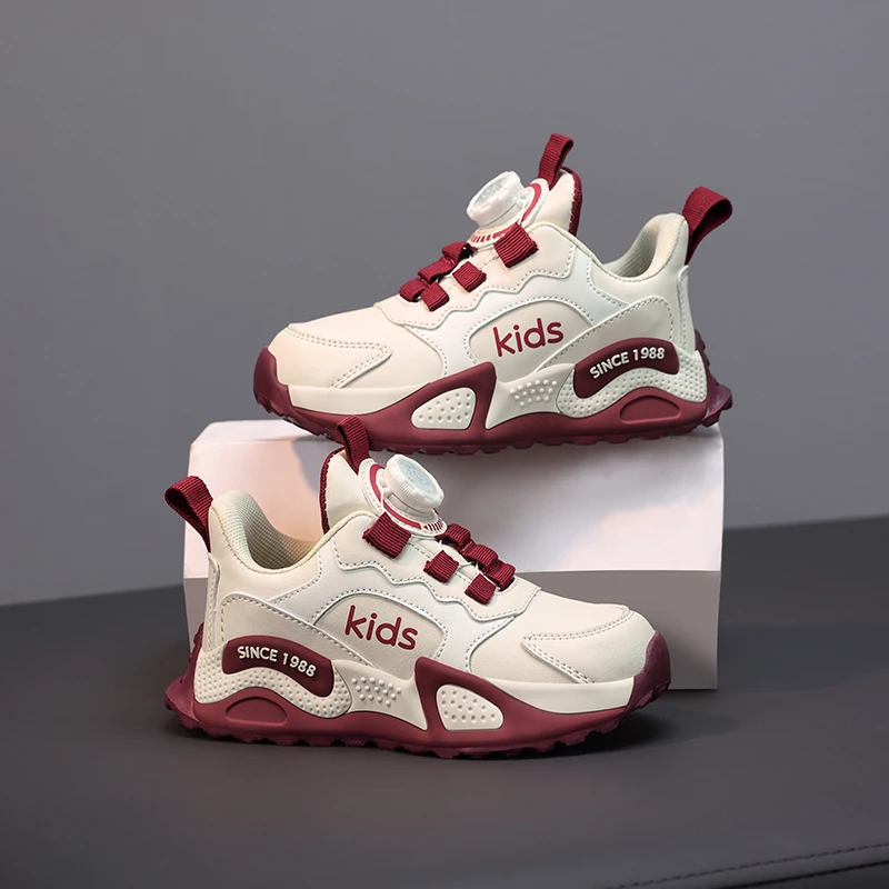 Boys Rotating Button Sneakers Breathable Mesh Leather Upper Non Slip Chunky Sole Kids Outdoor Training Running Sports Shoes