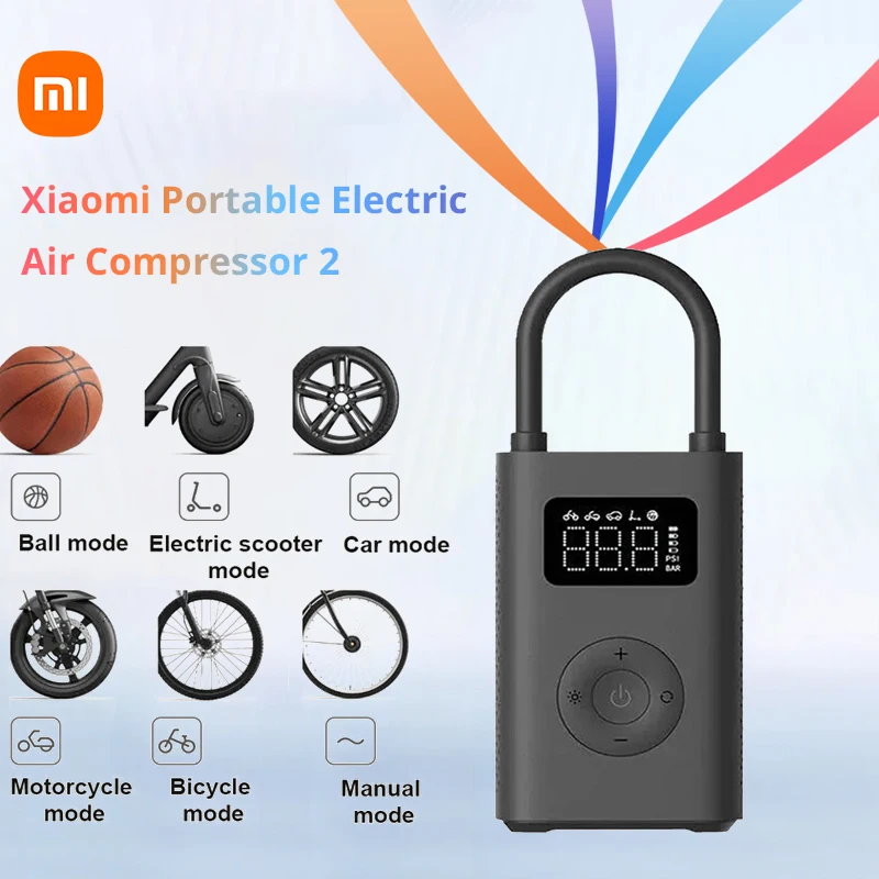 Compresor de Aire Eléctrico Portátil Xiaomi 2 con Detección Digital de Presión de Neumáticos, Inflador de 2000mAh para Bicicleta, Scooter Eléctrico, Balón y Coche
