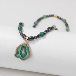 Bohemian Green Agates Slice Pendent Necklace Agates Hematite Mineral Stone Bead Necklace Vintage Jewelry Gift For Women Men