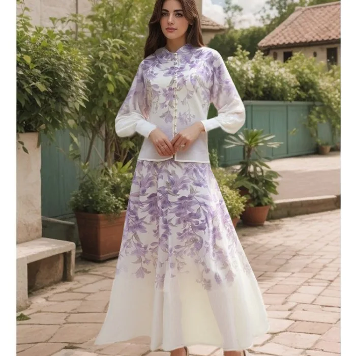 

202, австралийский новый однорядный комплект с жемчужными пуговицами и воротником-стойкой irt плюс супер расклешенная длинная юбка с высокой талией, женская мода