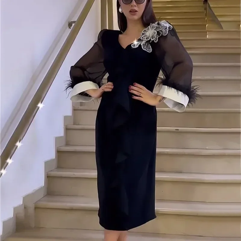 Abito da donna a maniche lunghe con giunture trasparenti Abiti midi con scollo a V Fiore solido Una linea ampia Abiti da donna eleganti leggermente elasticizzati