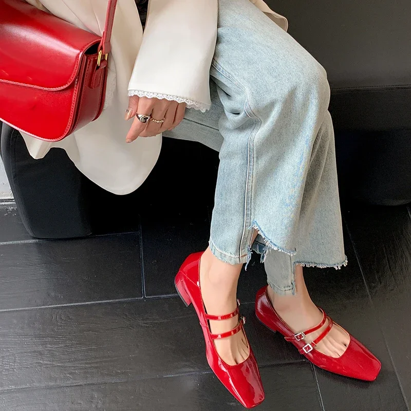 2024 Spring Women Mary Jane Shoes Ladies Fashion Shallow Square Toe Thick High Heel Women\'s Elegant Red Ballerinas Shoes