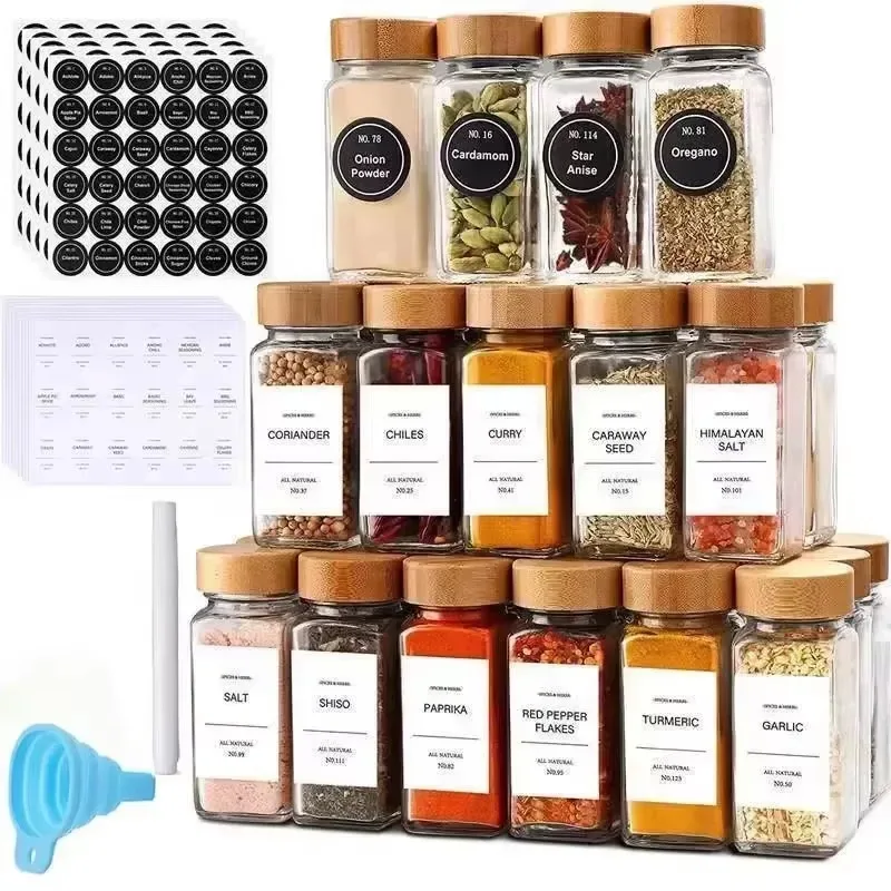 Three Layer Acacia Wood Cover Shelving Kitchen 4OZ Square Glass Seasoning Bottle Holders Seasoning Spice Jars Racks