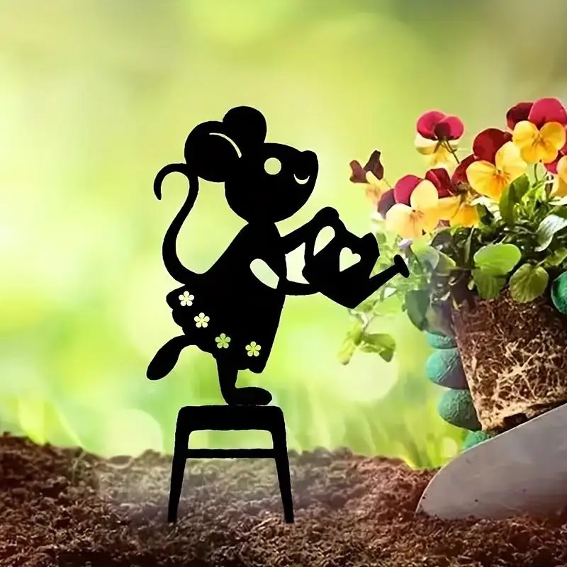 ~2D Flat Metal Mouse Decoration Garden Stakes Cute Mouse Garden Pot Decorations Gardening Worker Mouse Ground Inserts