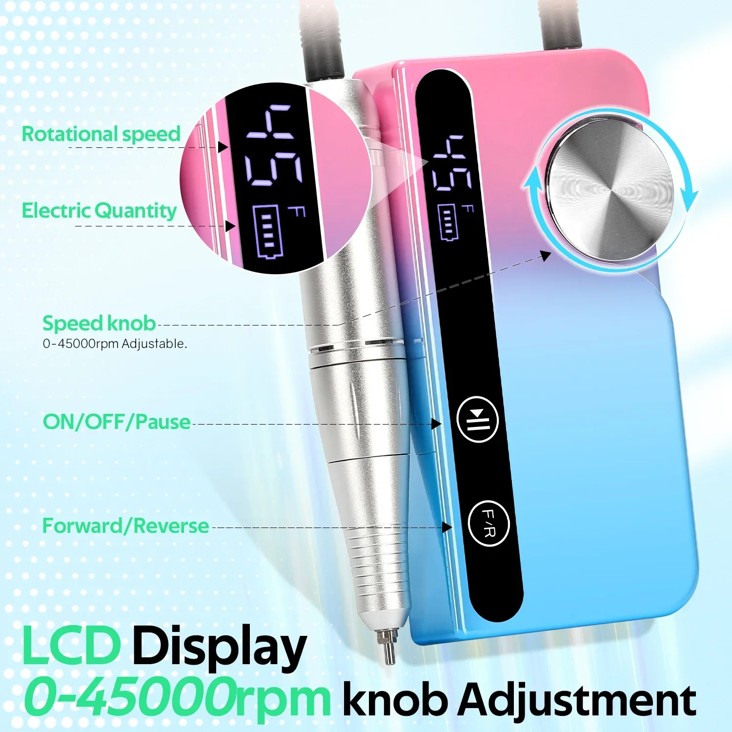 45000RPM Electric Nail Drill Machine With LCD Display Rechargeable Nail File Nails Accessories Gel Nail Polish Sander Low Noise