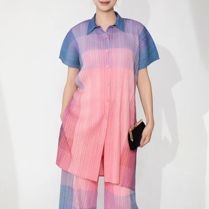 YFPF Druck Miyake Plissee Design Hemd Für Frauen Mode Revers Kurzarm Taste Mittlere Länge Bluse 2025, Neue Kleidung 3A366