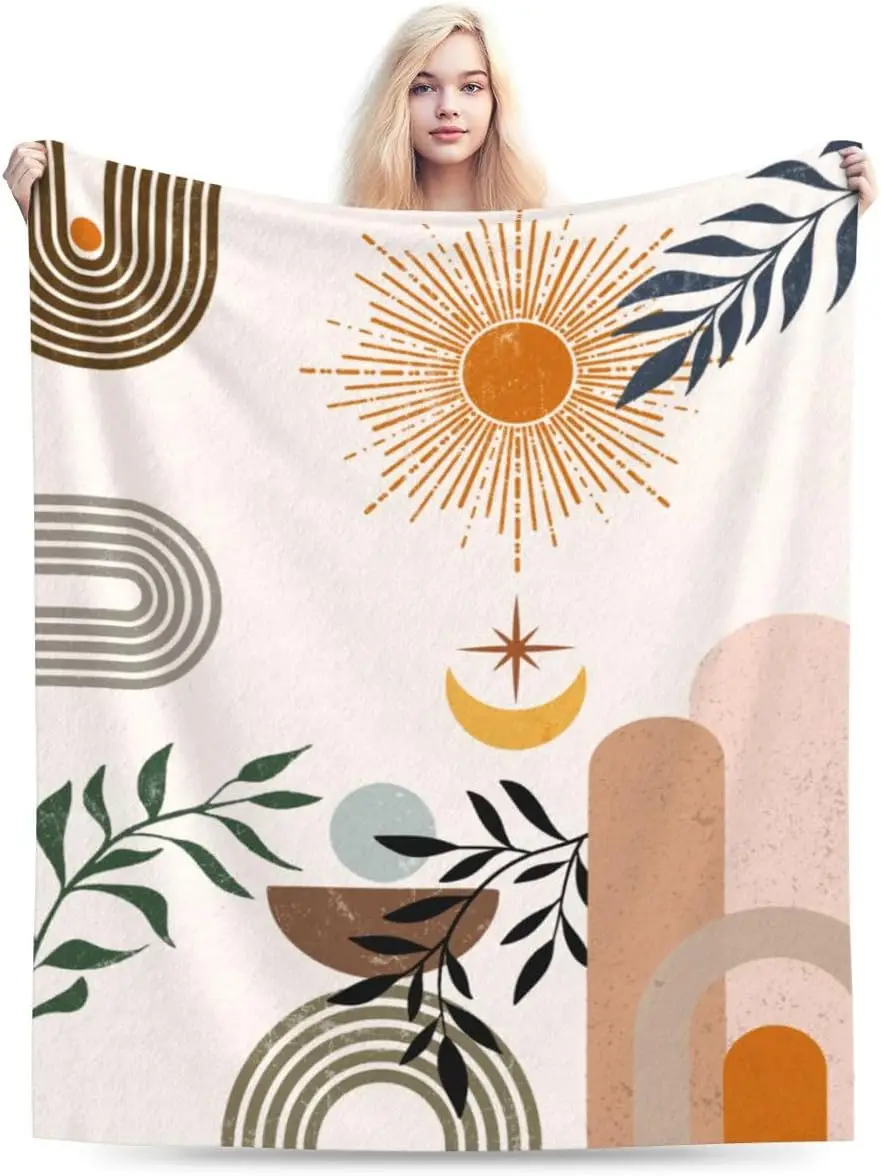 Mid Century Distressed Sun Foliage Geometric Arch Cozy Blanket Ideal For Lounge Bedroom Couch Indoor Outdoor Home Rest Use