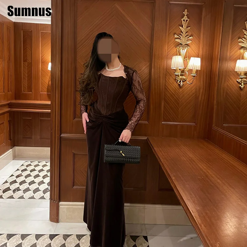 

Sumnus Charming Mermaid Brown Prom Dresses Lace Full Sleeves Pleats Floor Length Evening Dress فساتين سهرة Customized
