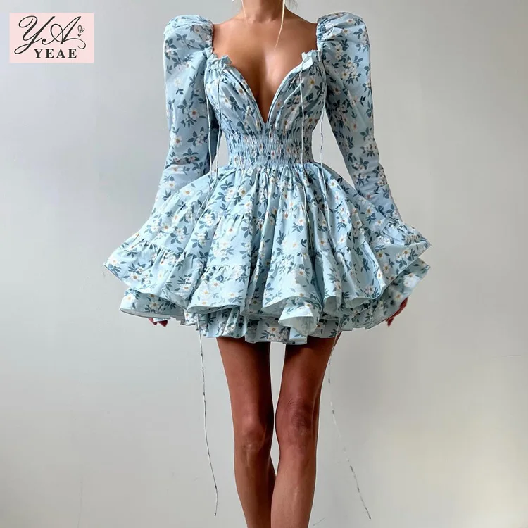 

2025 French A-Line Dress - Square Neck Floral Dress with Tie Waist, Fall Puff Skirt