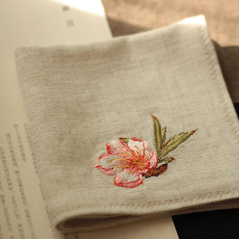 Chinese Style Peach Blossom Embroidery Linen Handkerchief Double Layer Absorbent Square Hanky Traditional Hanfu Accessory Portab