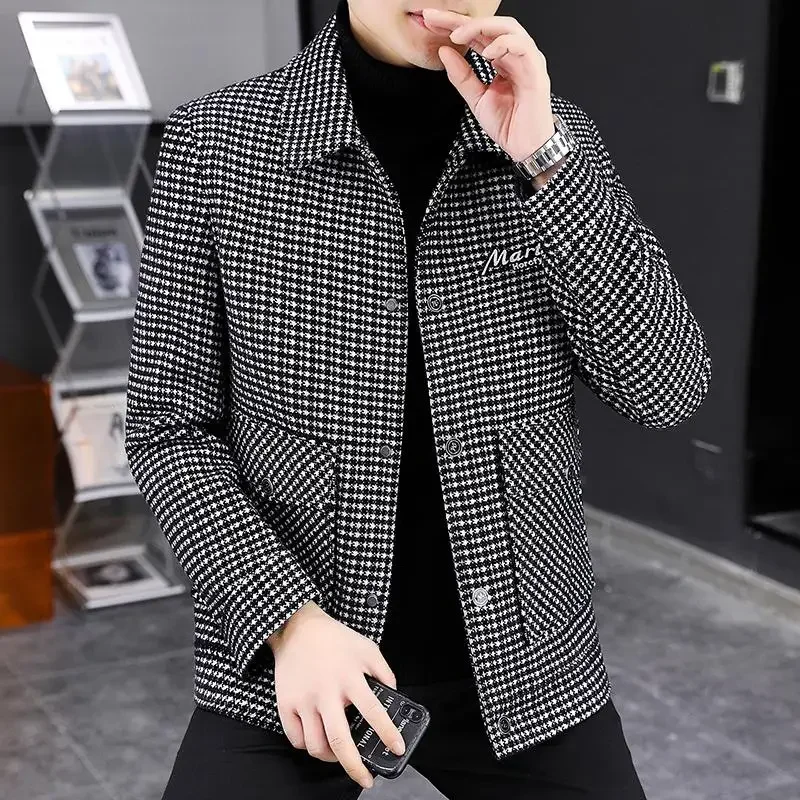 

High Quality Plaid Wool Blends Jacket Men Autumn Winter Thickened and Warm Casual Woolen Trench Coat Business Social Overcoat