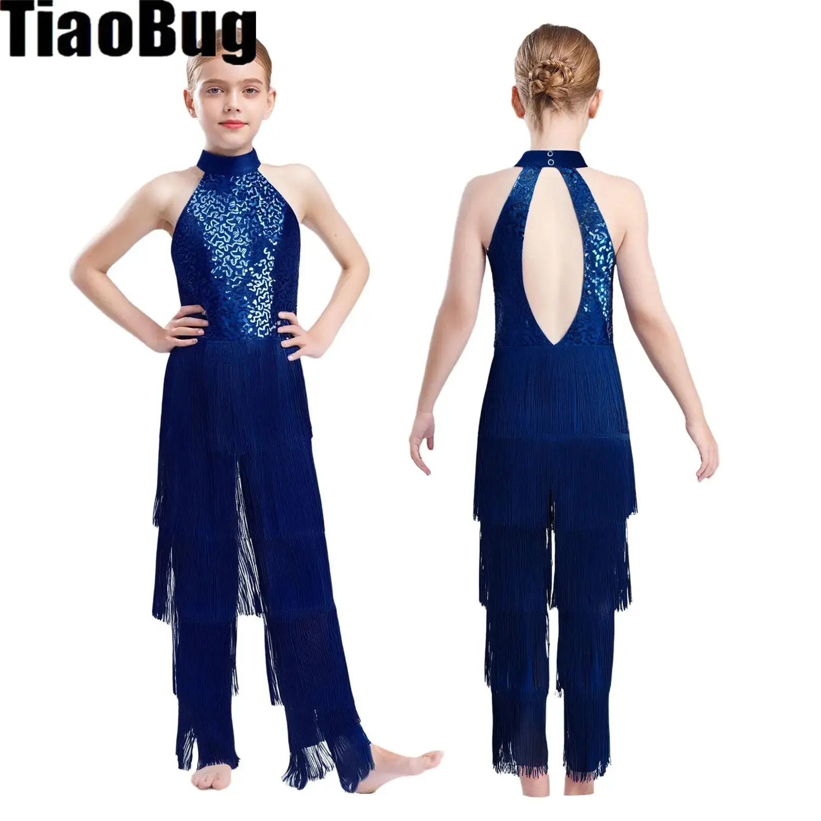 

Kids Girls Tassel Sequins Dance Jumpsuit Halter Sleeveless Backless Bodysuit for Cha-cha Latin Dance Performance