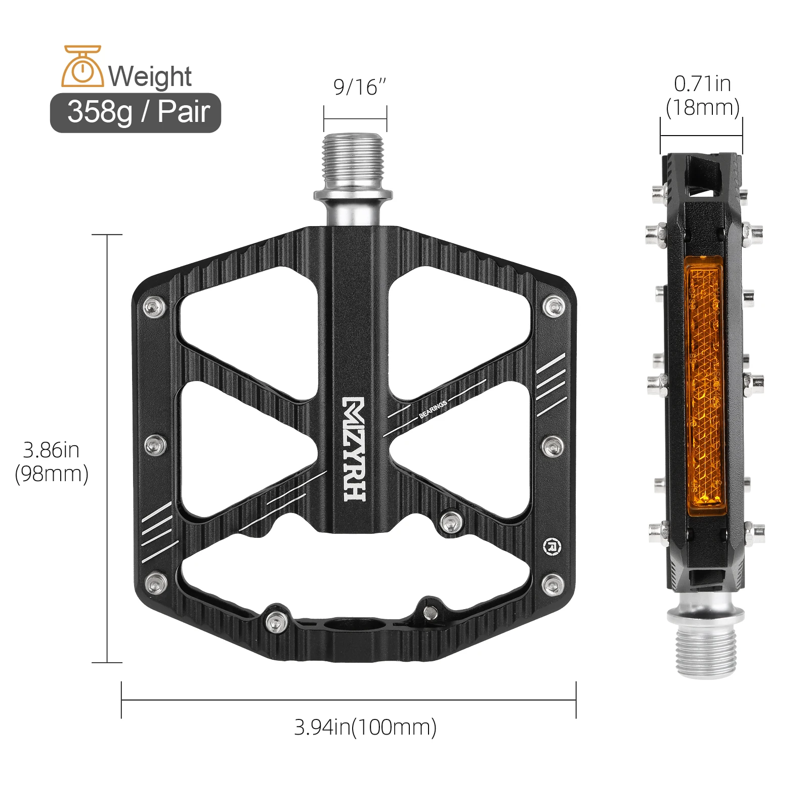 Reflective Bike Pedal 3 Bearings Non-Slip MTB Pedals Aluminum Alloy Flat  Waterproof Bicycle Pedals