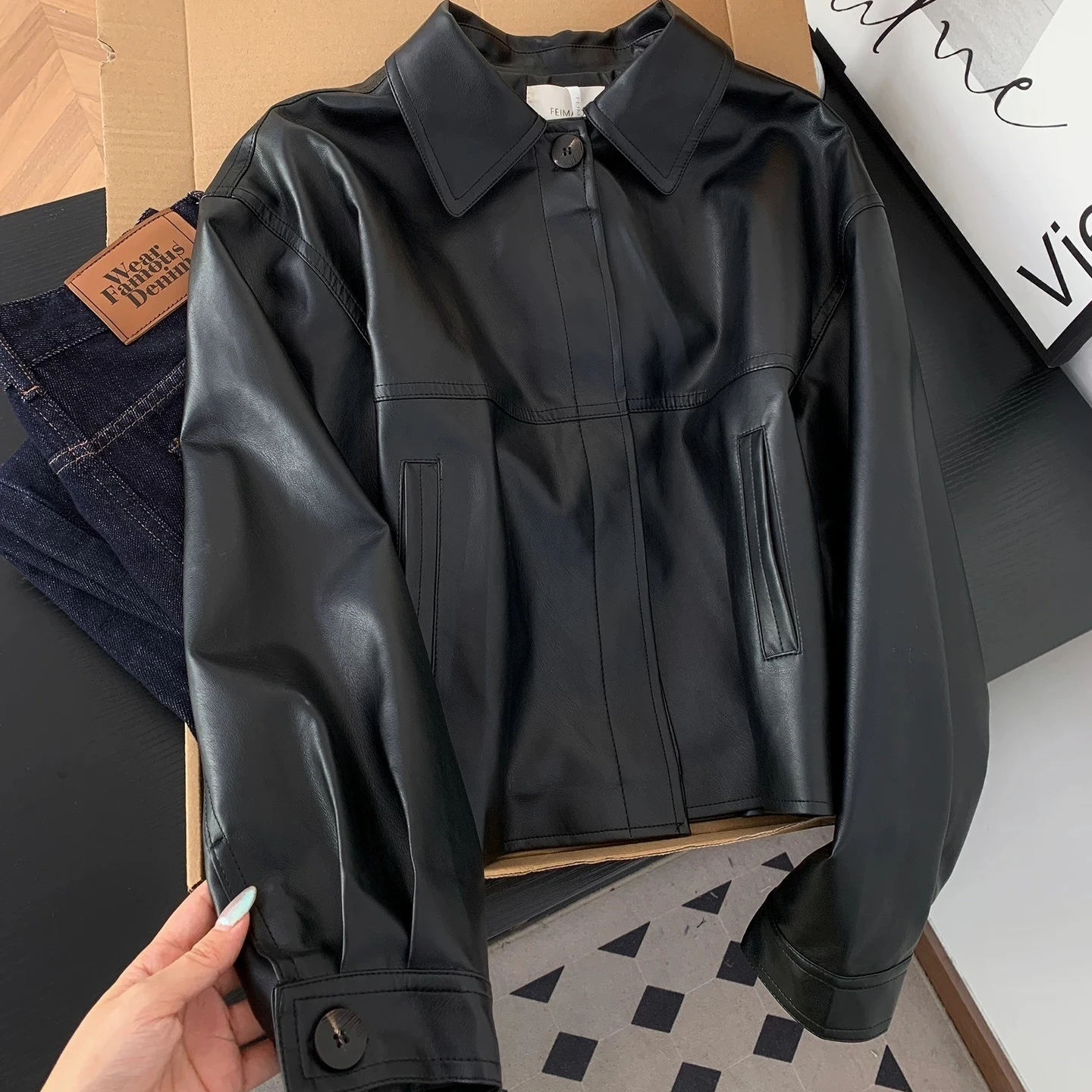 Women Faux Leather Coats Solid Jacket Turn Down Collar Long Sleeves Single Breasted Loose Moto Streetwear 2026 Autumn Winter