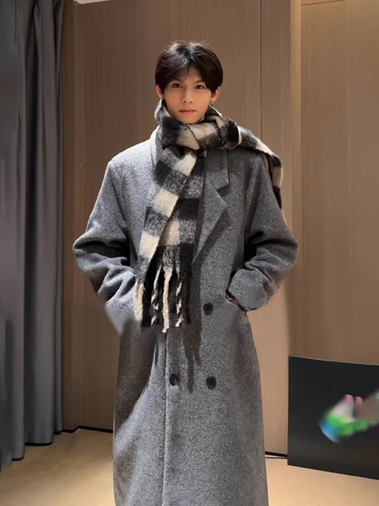 

ay Woolen Coat Men's Korean Sle Autumn Winter Thiened Woolen Jaet High-End Feeling Cool Middle-Length Windbreaker