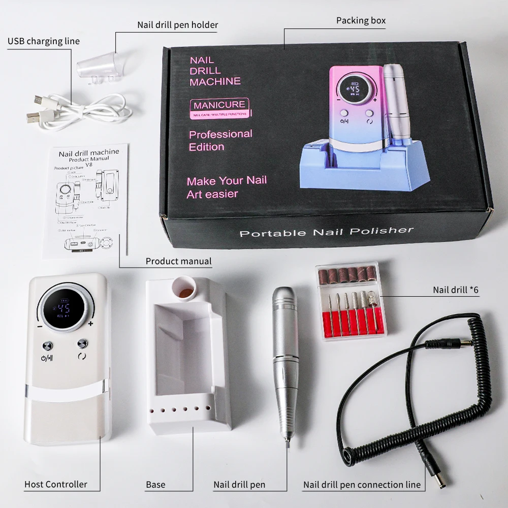 45000 دورة في الدقيقة المهنية ملف الأظافر قابلة للشحن الكهربائية مسمار الحفر آلة منخفضة الضوضاء مسمار ساندر ملف لأداة صالون مانيكير