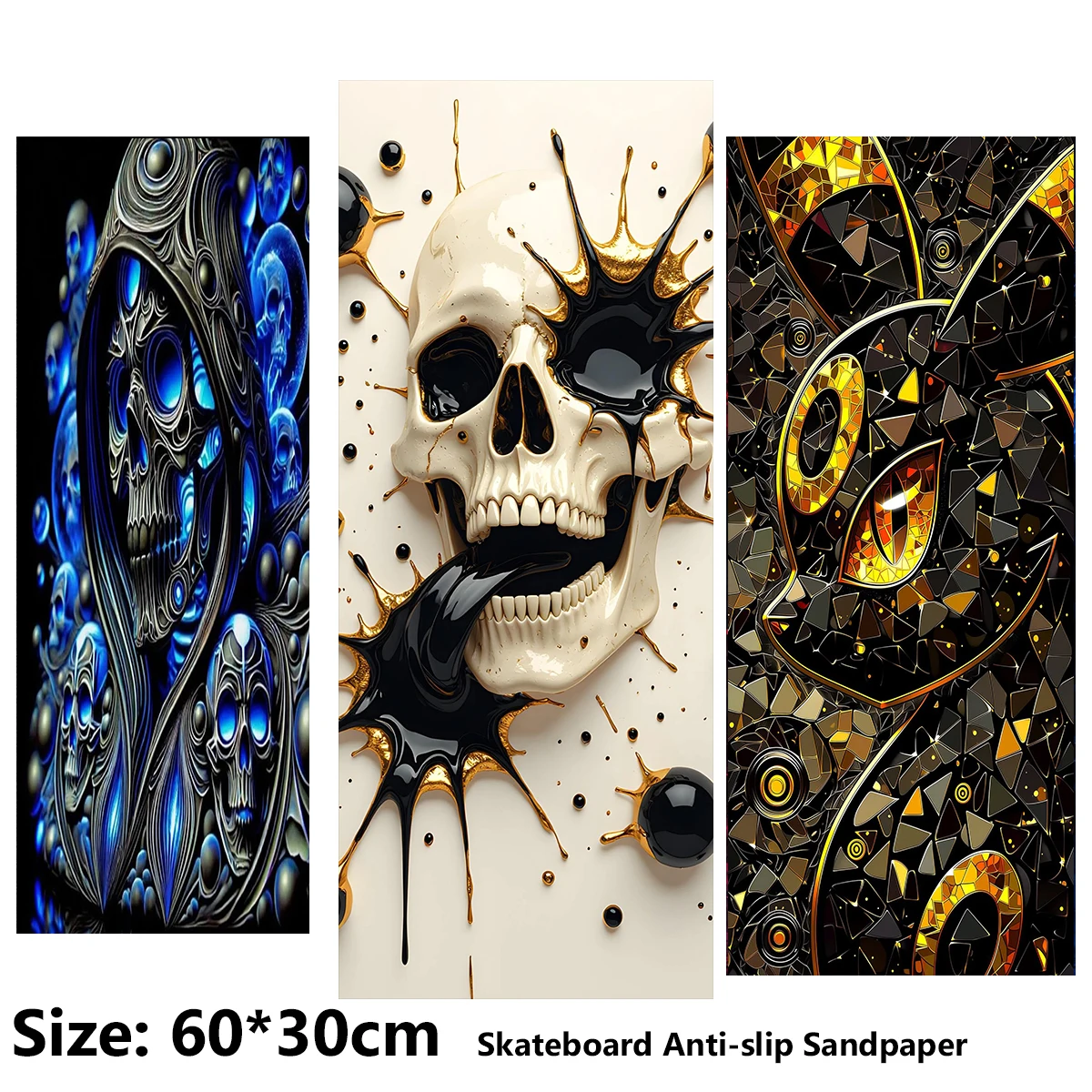 Electric Scooter Anti-slip Sticker Sandpaper Skateboard GripTape Sheet 60*30cm Hood with Skull and Diamond-Studded Cat Pattern