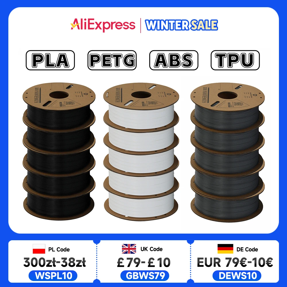 

KINGROON Нить для 3D-принтера PLA PETG TPU ABS 5 кг Комплект Черный Белый Серый 1,75 мм Без пузырьков Пластик 5 рулонов 1 кг, Случайная катушка