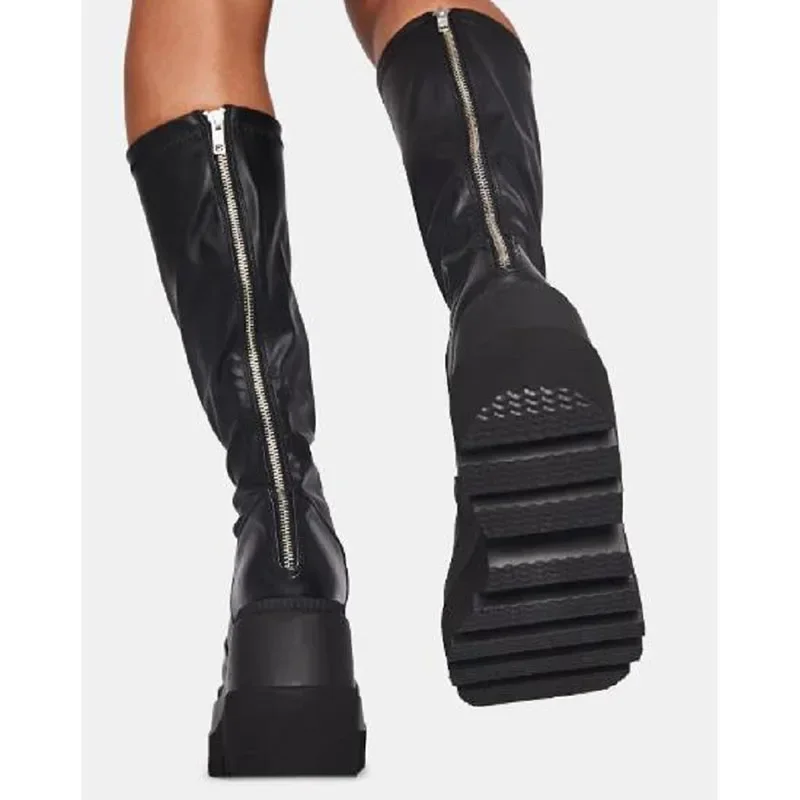 Winter Women Boots Mid-calf Wedge High Heel Platform Lace Up Zip Ladies Pumps Female Punk Gothic Motorcycle Black Round Toe Shoe