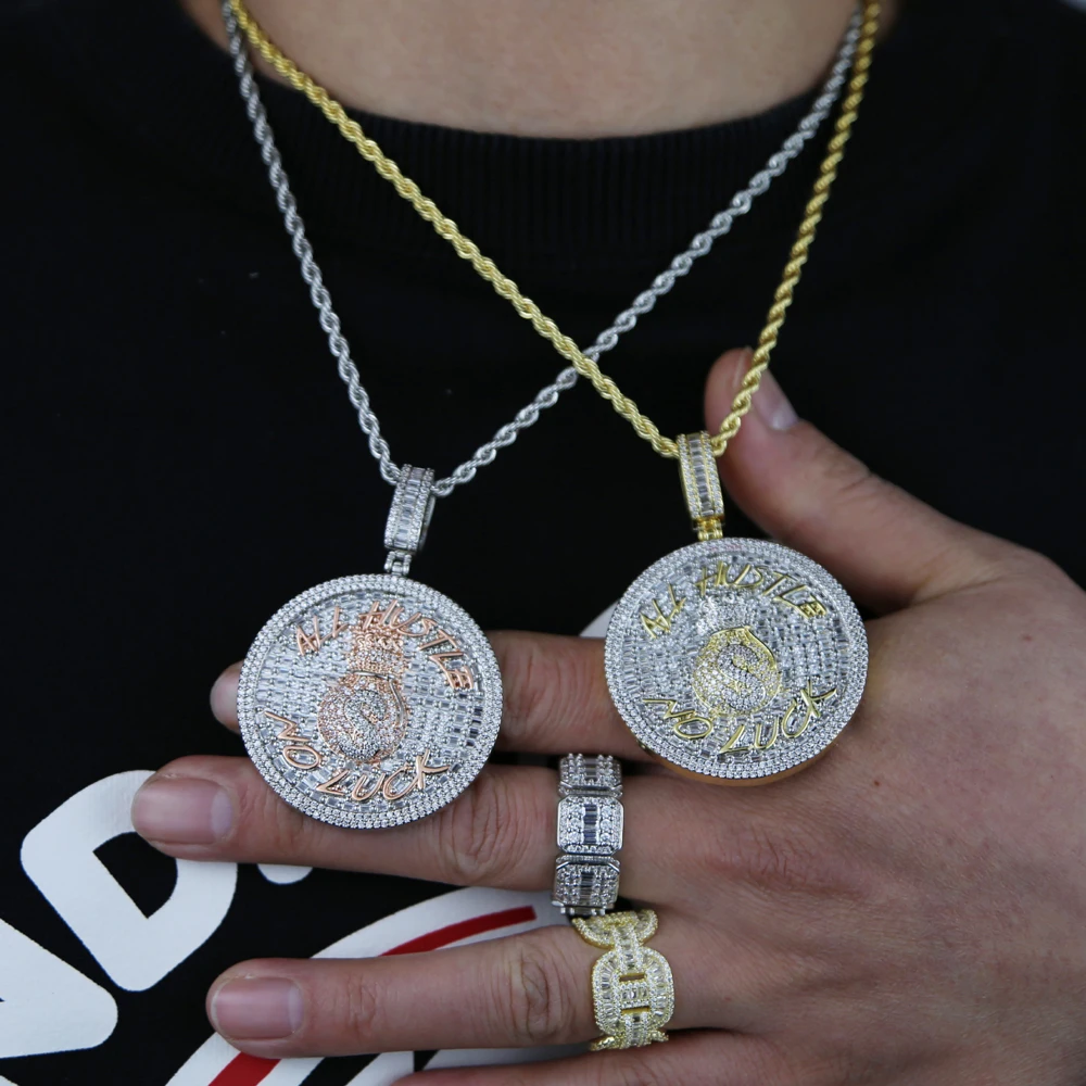 Iced Out Bling 5A CZ Cubic Zircon Round Custom Letter Pendant Money Bag Dollar Symbol Charm Necklace For Men Boy Hip Hop Jewelry