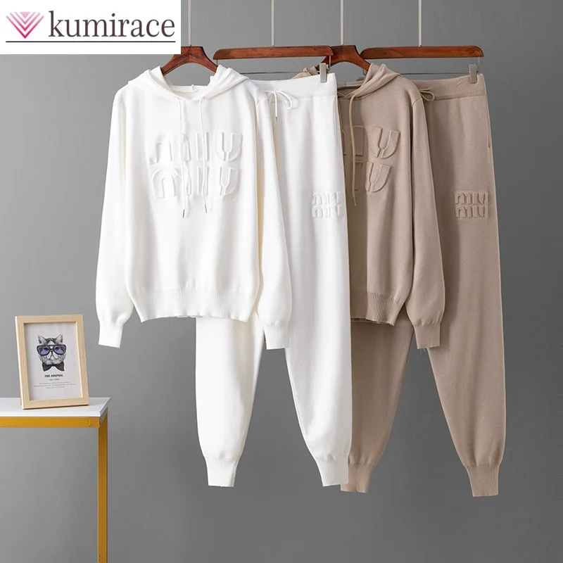 

Letter Indentation Autumn and Winter Knitted Sweater Hoodie Casual Ankle Pants Two-piece Set Women's Pants Set Outfits