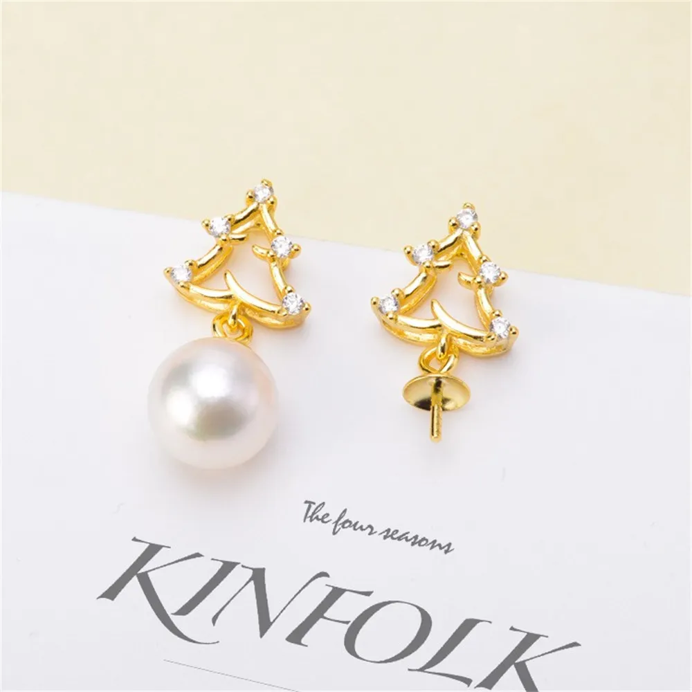 

DIY Pearl Accessories S925 Pure Silver Ear Nail Empty Support Christmas Tree Pearl Earrings for Women's Fi 7-11mm Round Beads