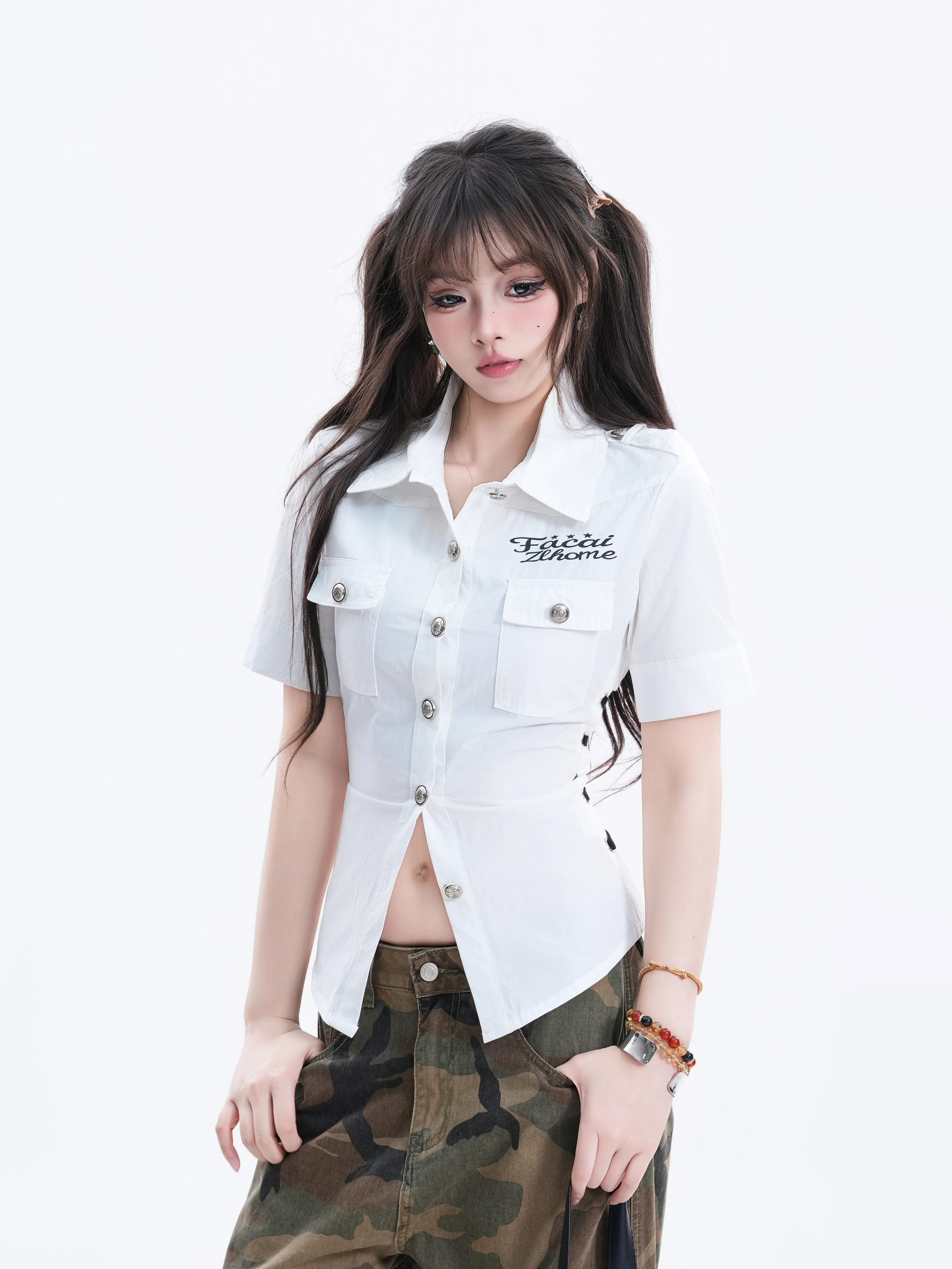 

American Retro Workwear Shirt Women's Back Strap Design Sexy Short Sleeve Top Waist Exposure Versatile Cotton Shirt