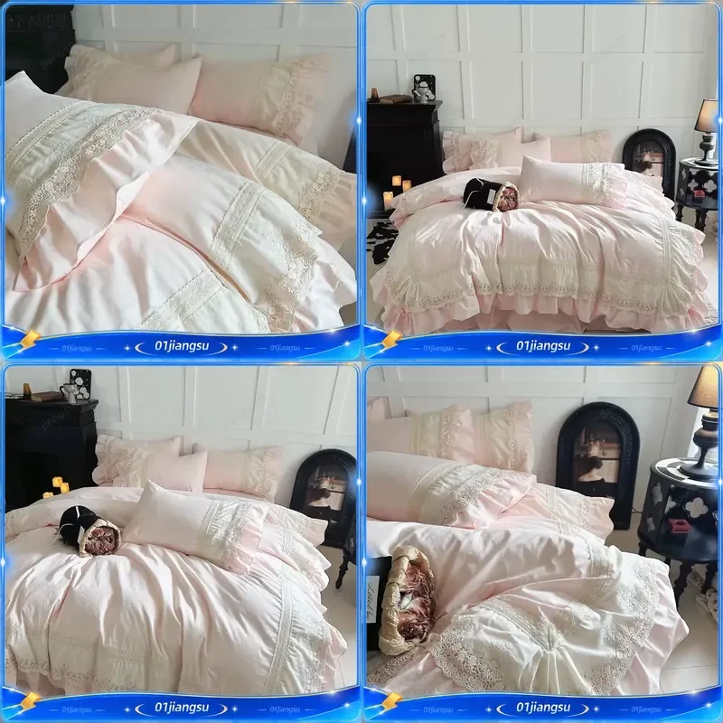 Pink Vintage Double Layer Lace Ruffles 100% Cotton Bedding Set Duvet Cover Bed Sheet Bed Skirt Fitted Sheet Pillowcases 4Pcs